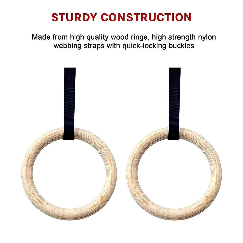 28mm Wooden Gymnastic Rings, Adjustable, 400kg Load