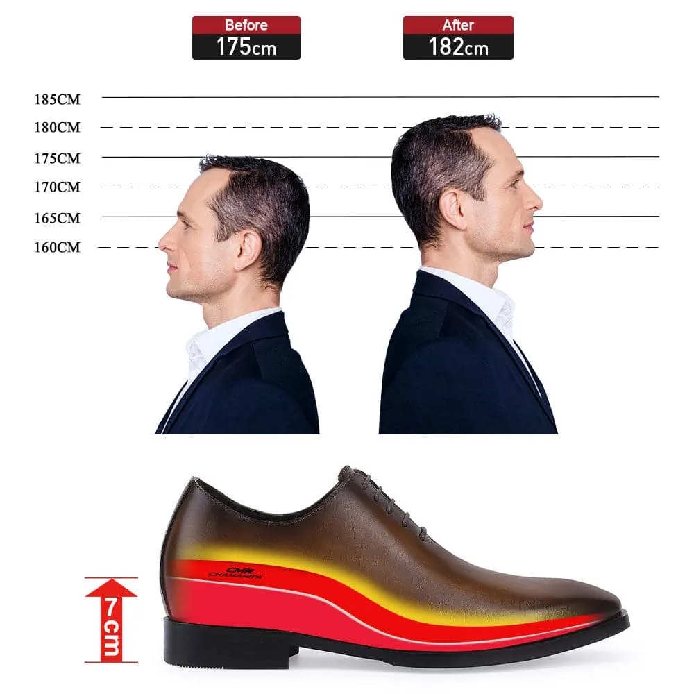 7CM/ 2.76 Inches Taller - CMR CHAMARIPA Elevator Dress Shoes For Men - Brown Calfskin Wedding Shoes