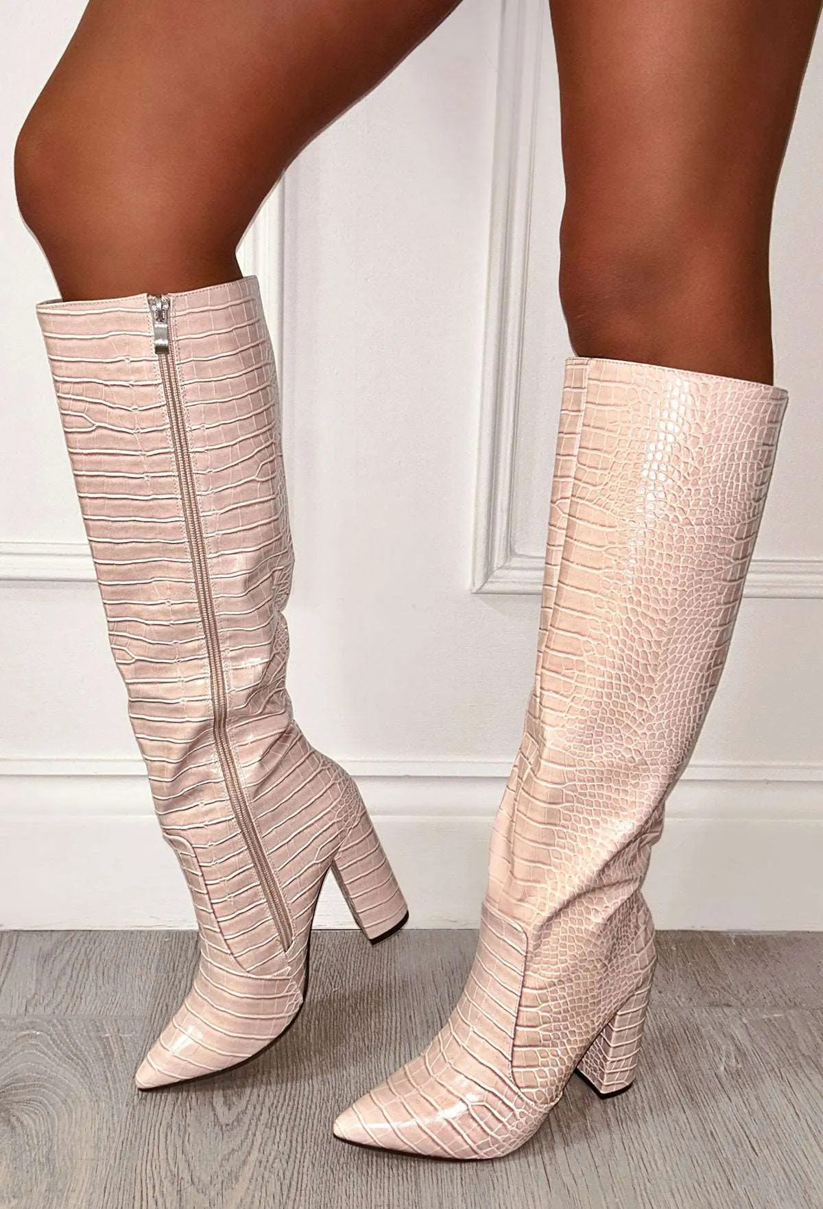 All You Want Cream Croc Effect Knee High Block Heel Boots