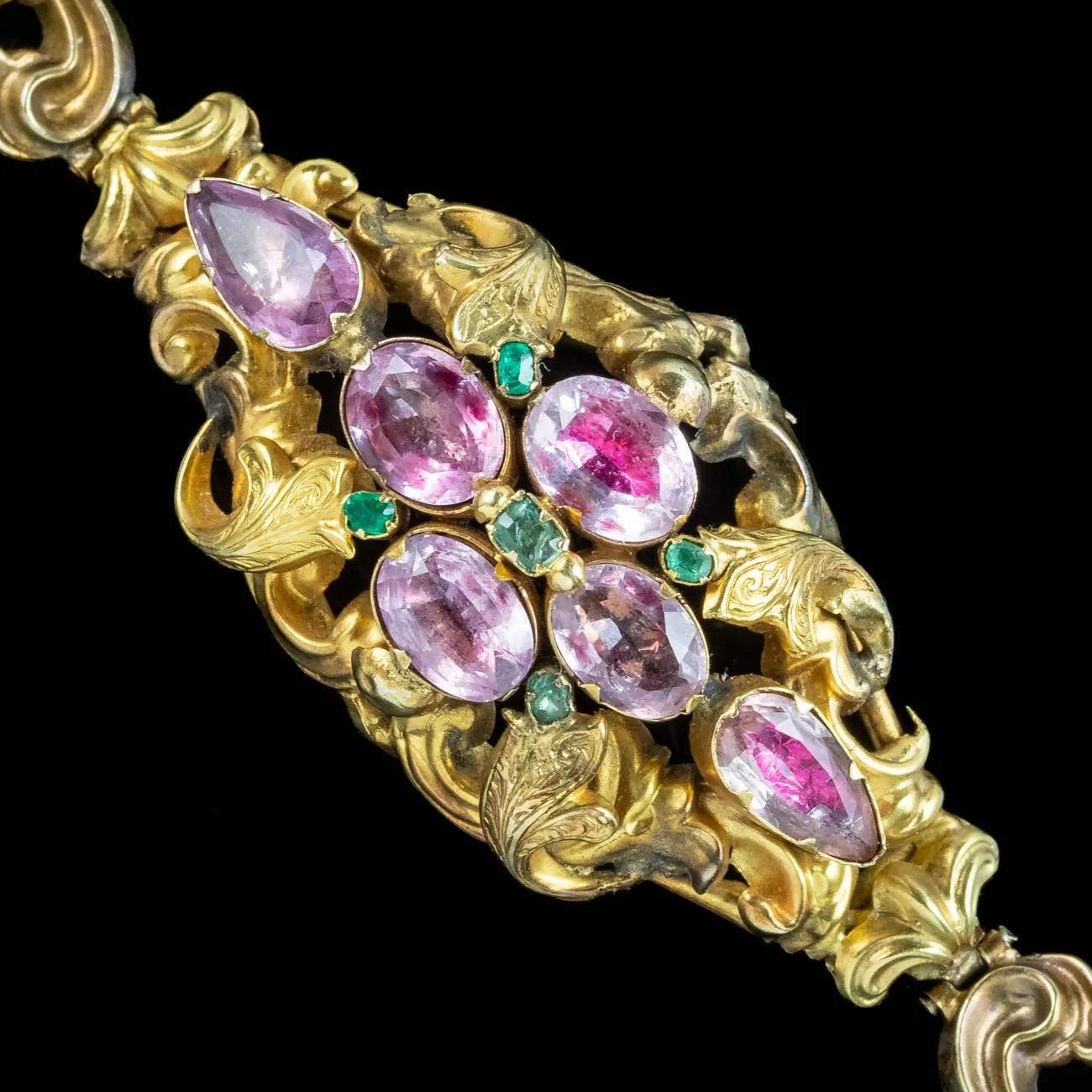 Antique Victorian Pink Topaz Emerald Bracelet 18ct Gold With Box