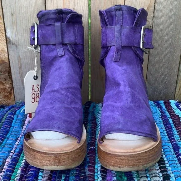 A.S.98 Naya Purple Leather Platform Wedge Buckle Ankle Bootie Sandals