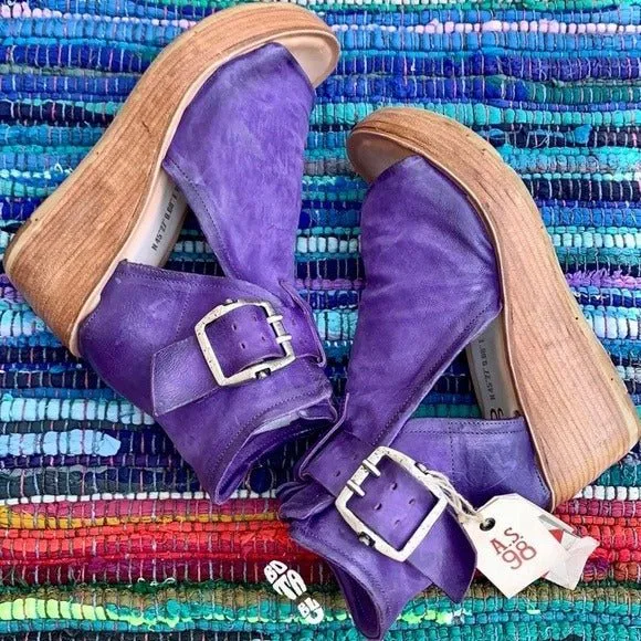 A.S.98 Naya Purple Leather Platform Wedge Buckle Ankle Bootie Sandals