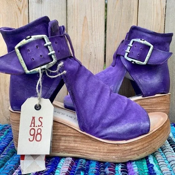 A.S.98 Naya Purple Leather Platform Wedge Buckle Ankle Bootie Sandals