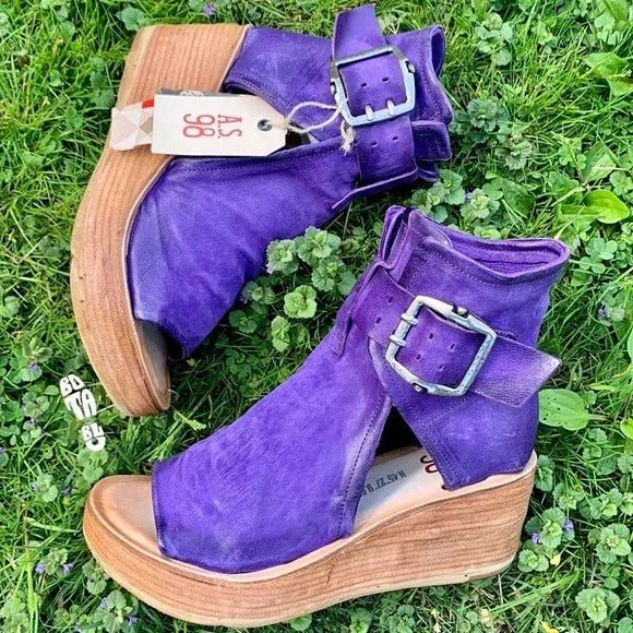 A.S.98 Naya Purple Leather Platform Wedge Buckle Ankle Bootie Sandals