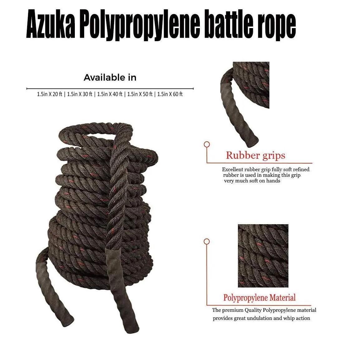 AZUKA® Fitness Strength Training Battle Rope 1.5inch 60ft (Black red),Weight-12.5kg   Free Surprise Poster Inside