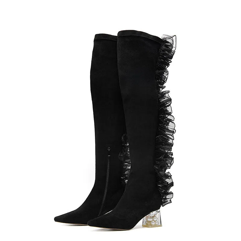 B-FEI original design tone elastic leg boots over the knee dark lace retro middle heel- Lami