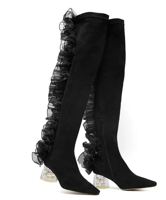 B-FEI original design tone elastic leg boots over the knee dark lace retro middle heel- Lami