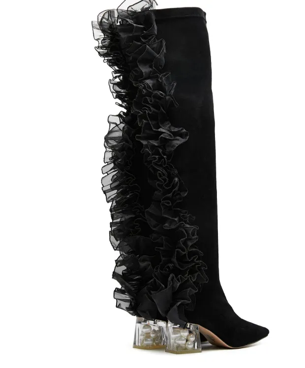 B-FEI original design tone elastic leg boots over the knee dark lace retro middle heel- Lami