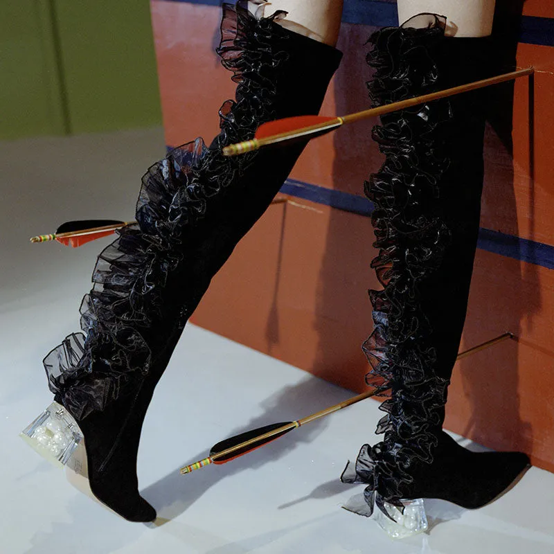 B-FEI original design tone elastic leg boots over the knee dark lace retro middle heel- Lami