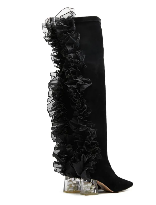 B-FEI original design tone elastic leg boots over the knee dark lace retro middle heel- Lami