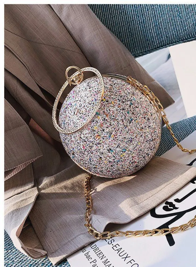 Ball Shape Rhinestone Evening Purse with Top Handle and Chain