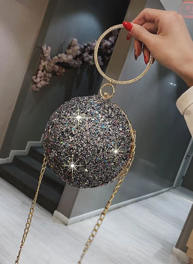 Ball Shape Rhinestone Evening Purse with Top Handle and Chain