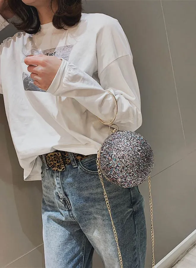 Ball Shape Rhinestone Evening Purse with Top Handle and Chain