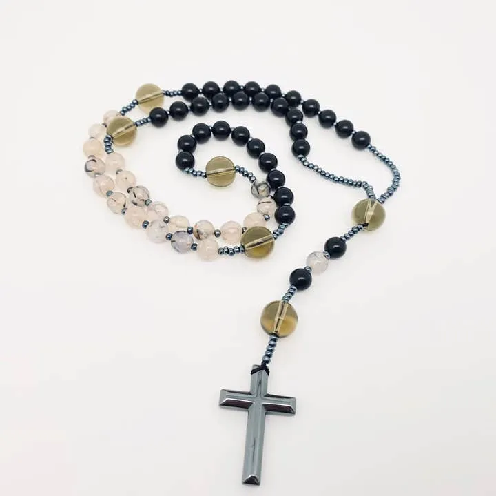 Black Agate Dragon Grain Stone Beaded Cross Necklace