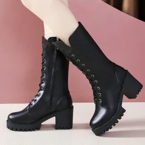 Black chunky platform round toe mid calf combat boots