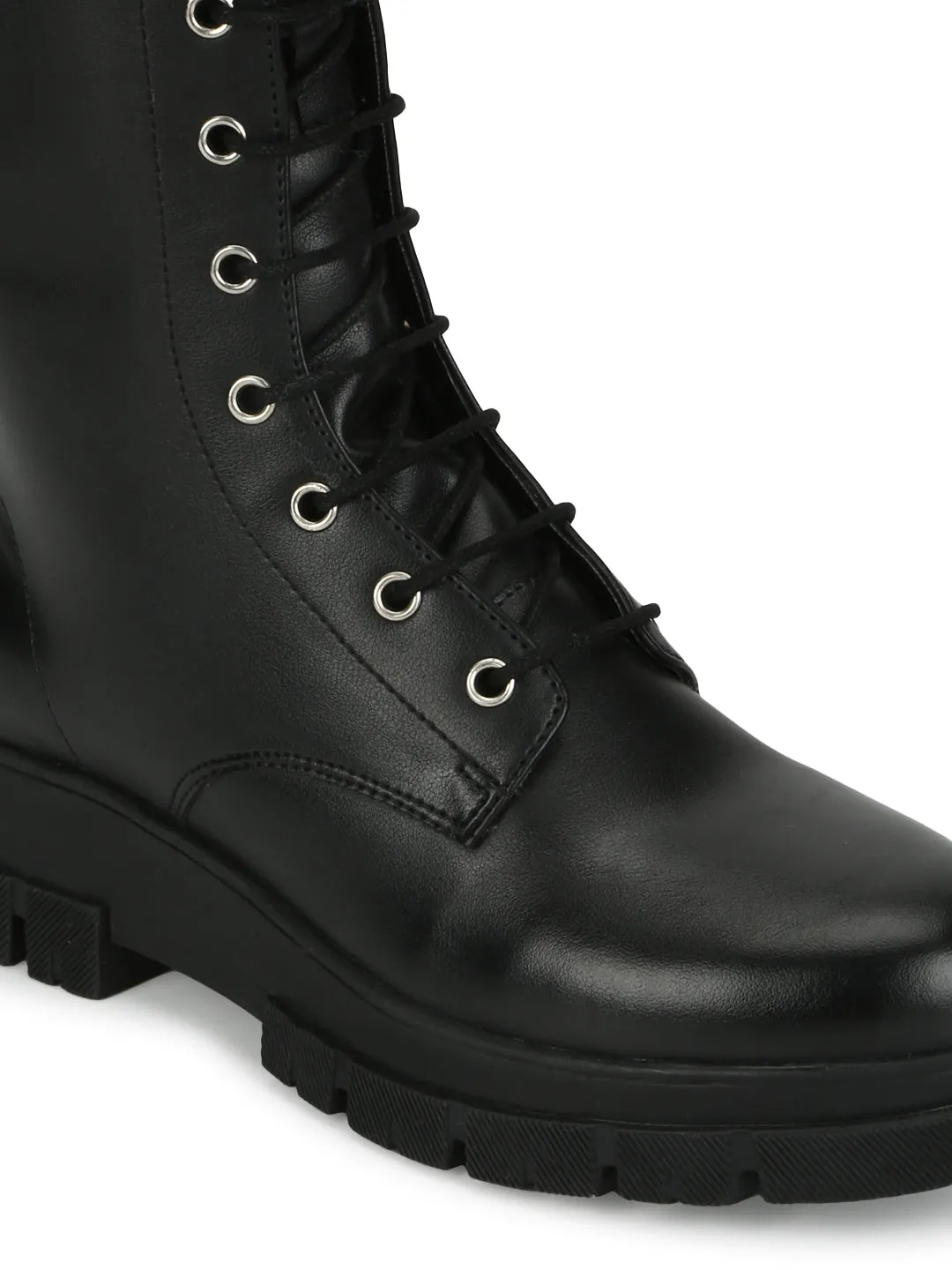 Black PU Calf Length Lace Up Boots