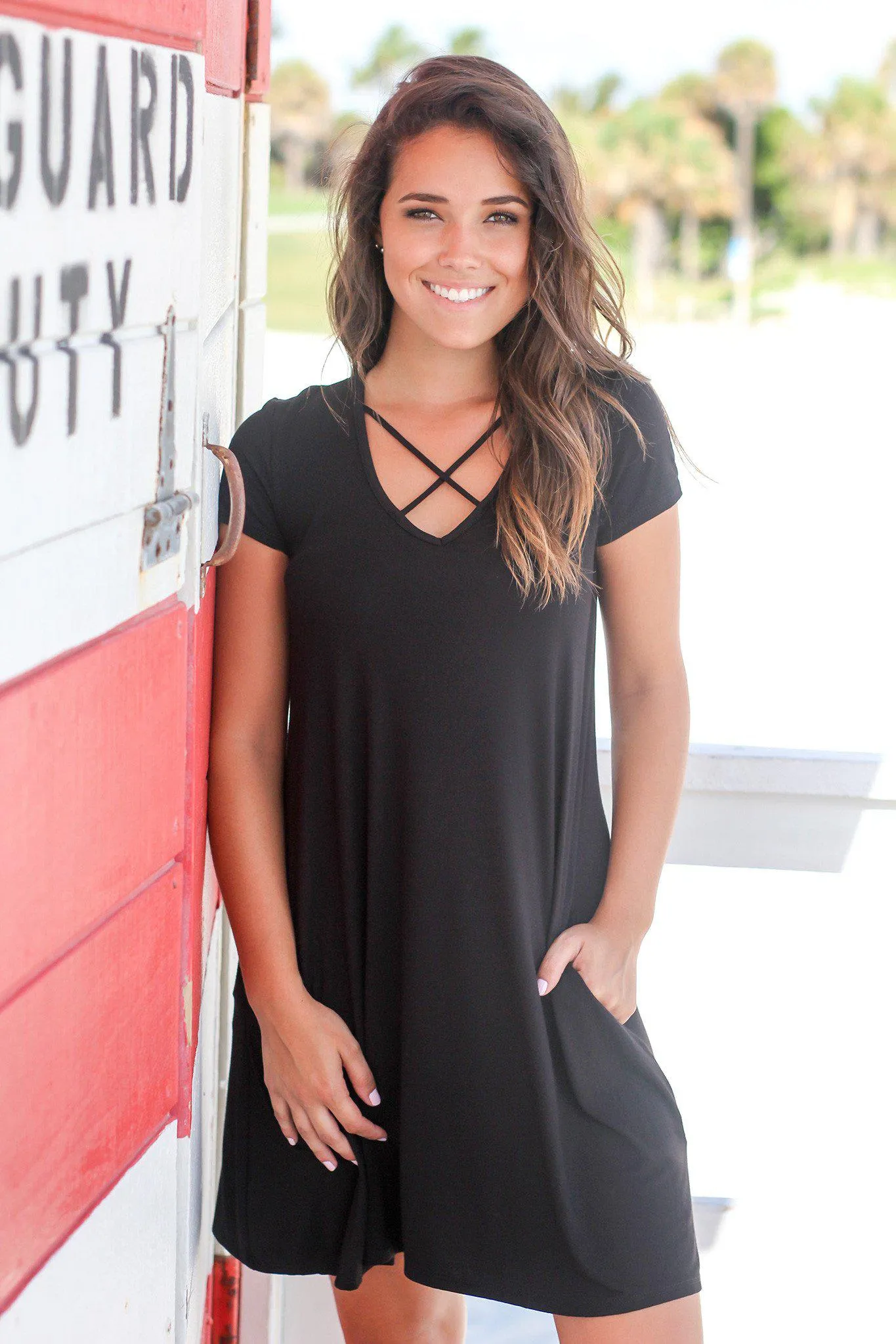 Black Short Sleeve Criss Cross Short Dress