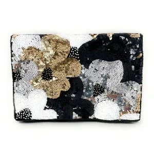 Black Silver Sequin Velour Clutch Purse