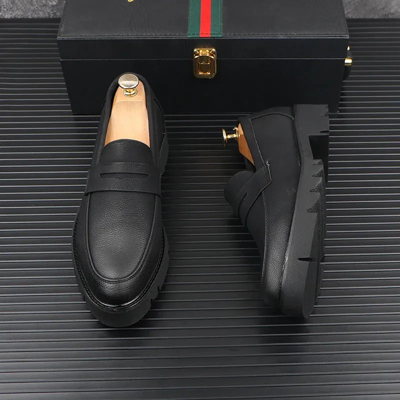 Black Solid Leather Slip-On Loafers