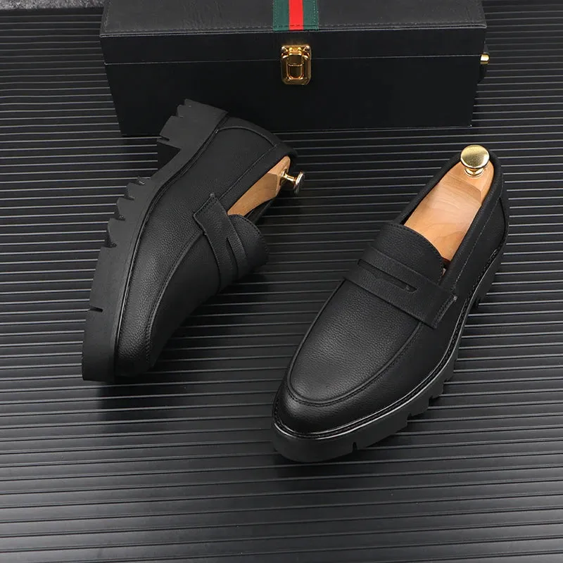 Black Solid Leather Slip-On Loafers