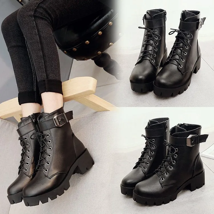 Boots - Short Boots Thick Sole Lace Up Women