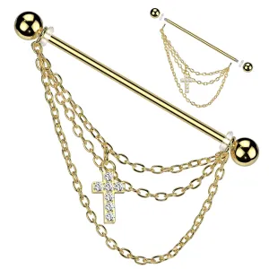 Chained Crucifix Industrial Barbell with Gold Plating