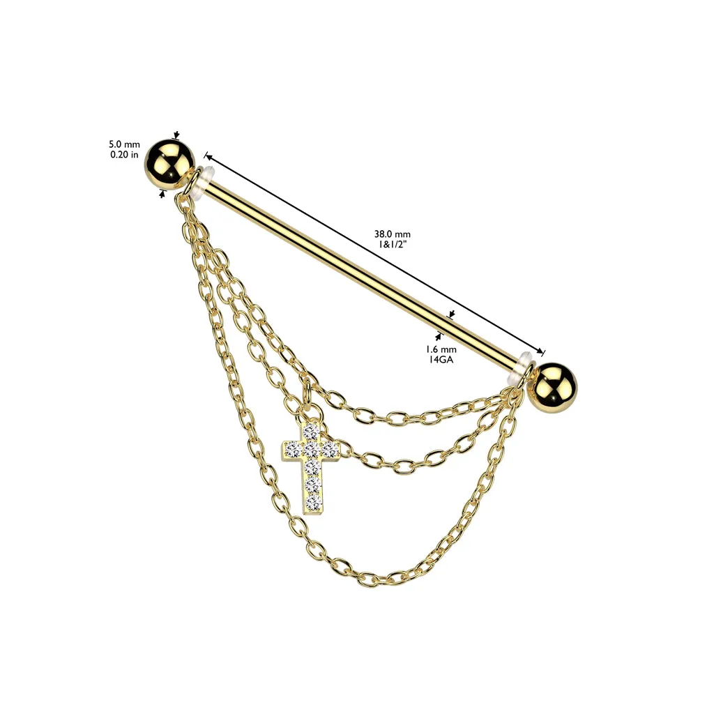 Chained Crucifix Industrial Barbell with Gold Plating