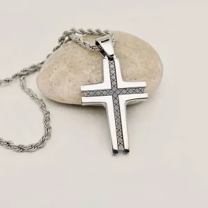 Checkered Pattern Stainless Steel Cross Necklace Black