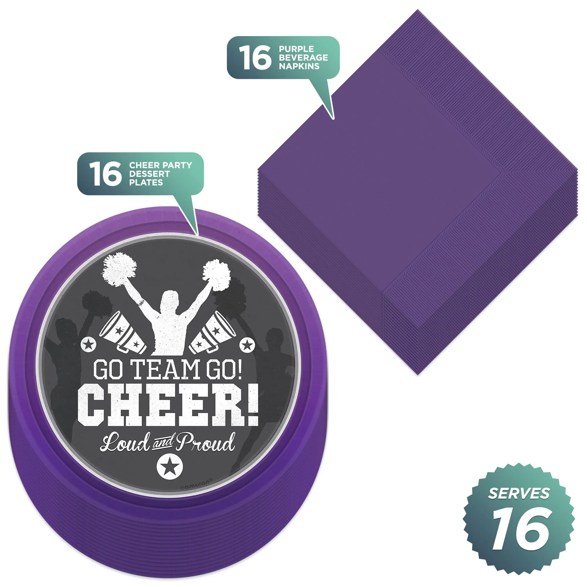 Cheer Party Supplies - Purple Cheerleader Paper Dessert Plates and Beverage Napkins for Pom Squad, School Spirit, and Cheerleading Party Decorations (Serves 16)