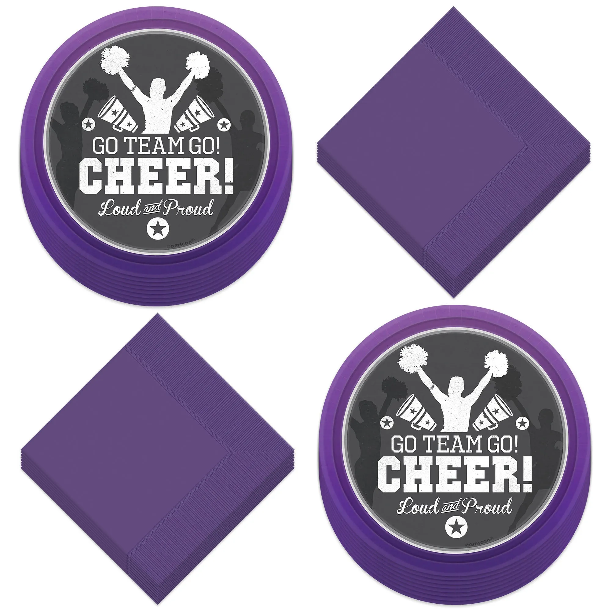 Cheer Party Supplies - Purple Cheerleader Paper Dessert Plates and Beverage Napkins for Pom Squad, School Spirit, and Cheerleading Party Decorations (Serves 16)