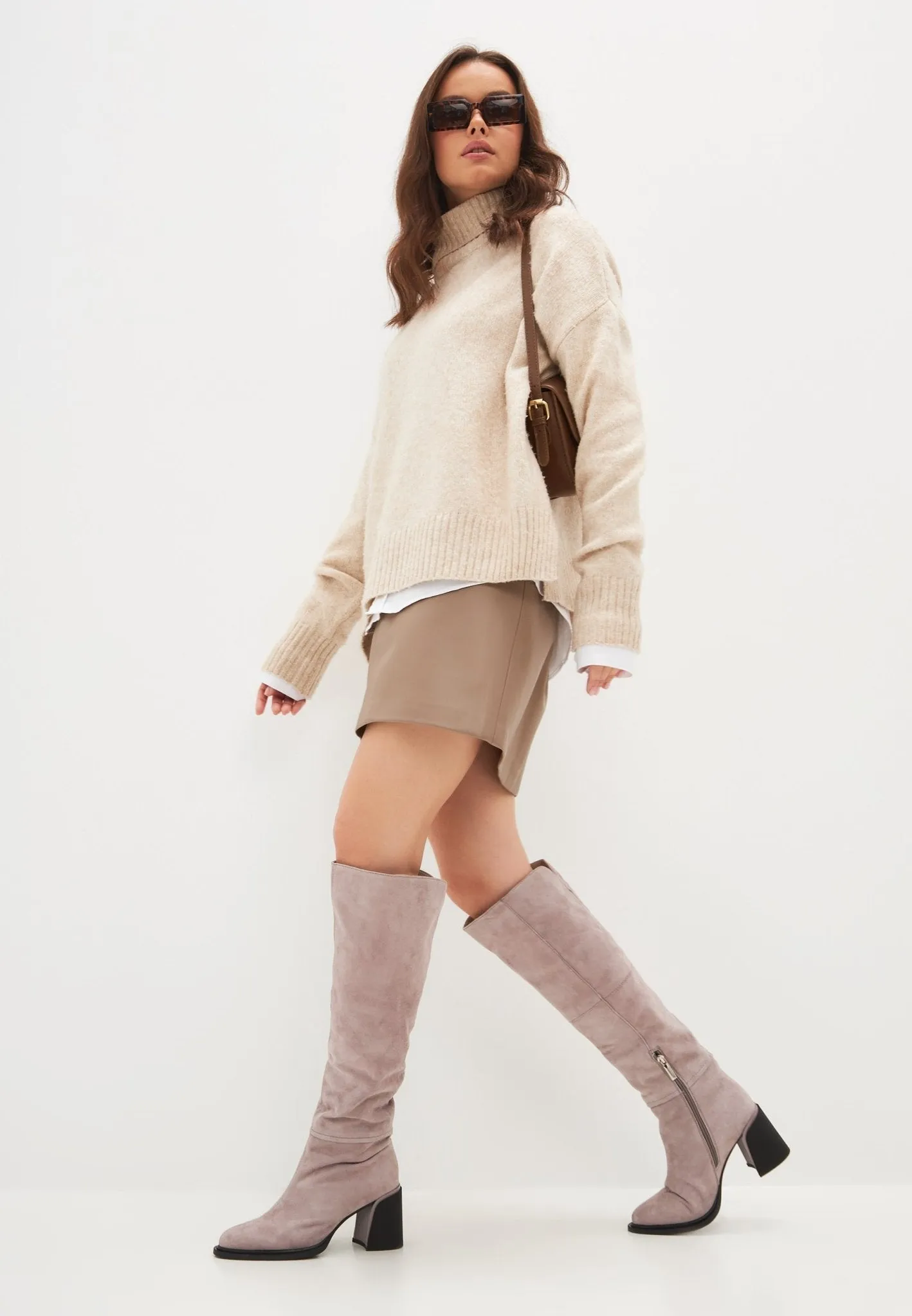 Classic Block Heel Boots - Beige