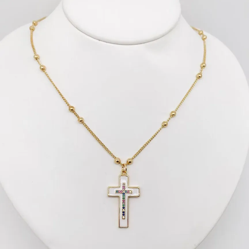 Colored Cubic Zirconia Enamel White Cross 50MM