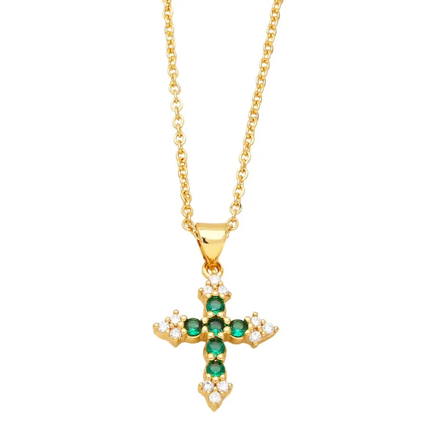 Colorful Cubic Zirconia Cross Pendant Necklace - Green