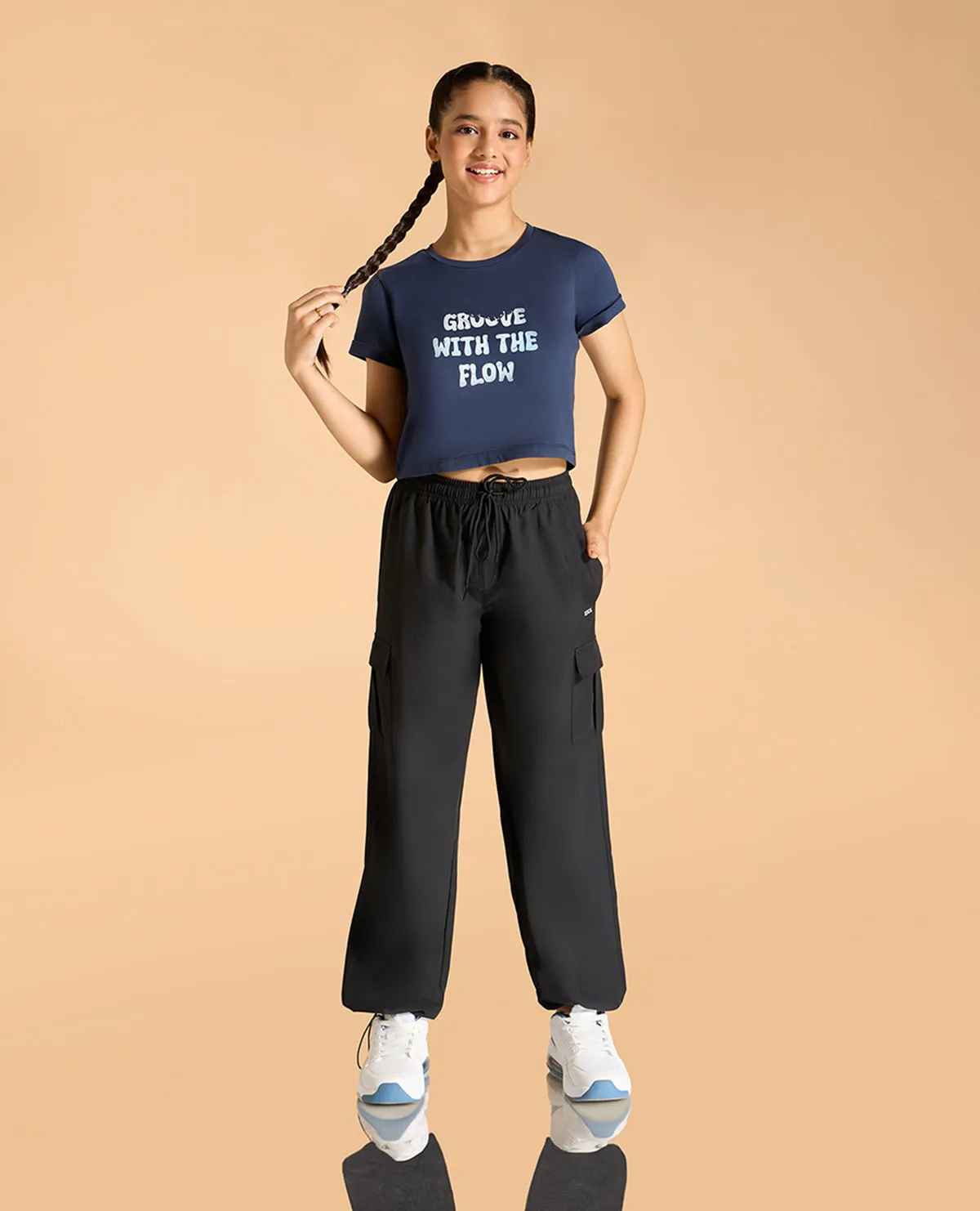 Cotton Crop Top and Mid Rise Solid Lightweight Cargo Pants Set