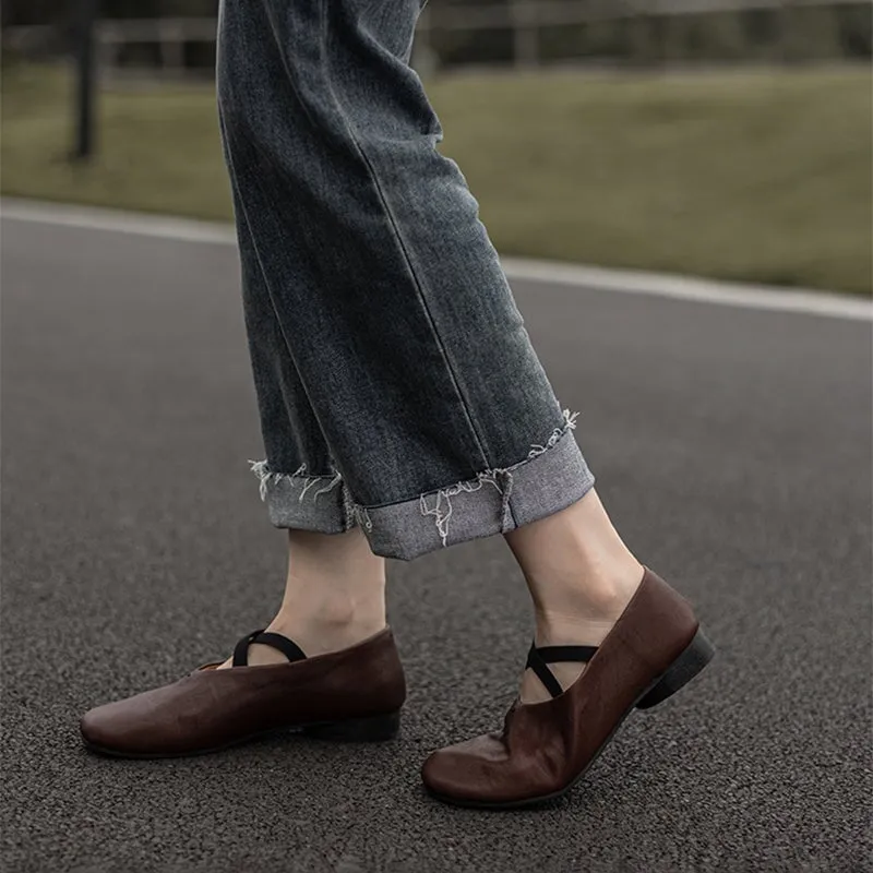 Cowhide Leather Ballet Flats with Cross-Strap Round Toe in Black/Brown/Red