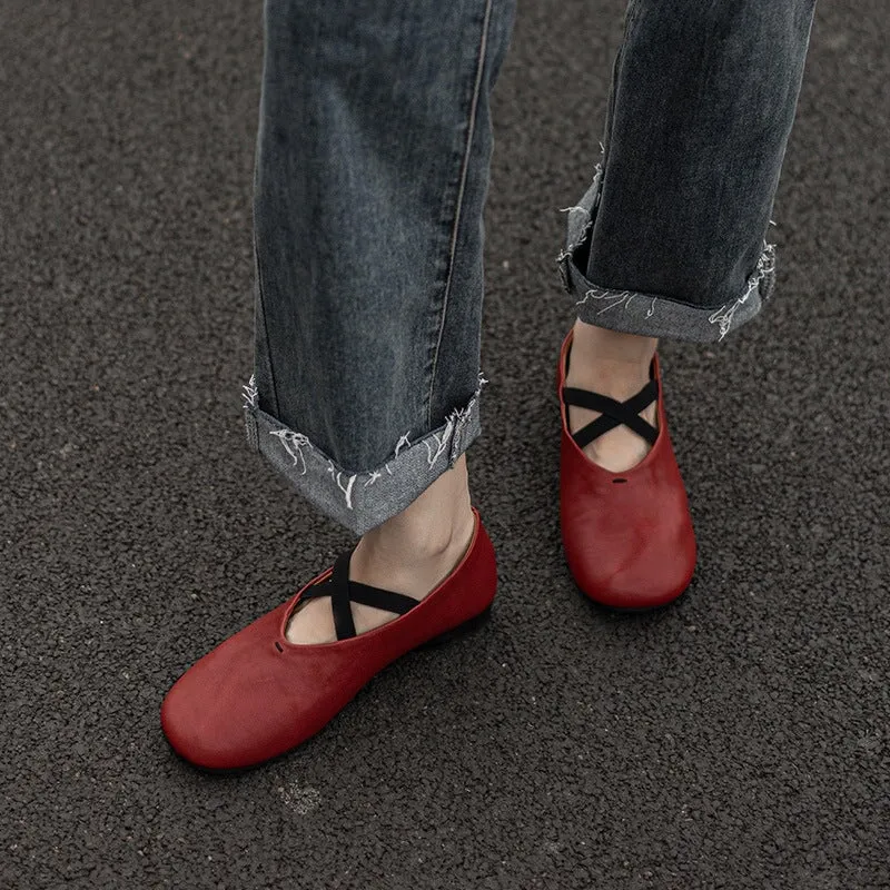 Cowhide Leather Ballet Flats with Cross-Strap Round Toe in Black/Brown/Red