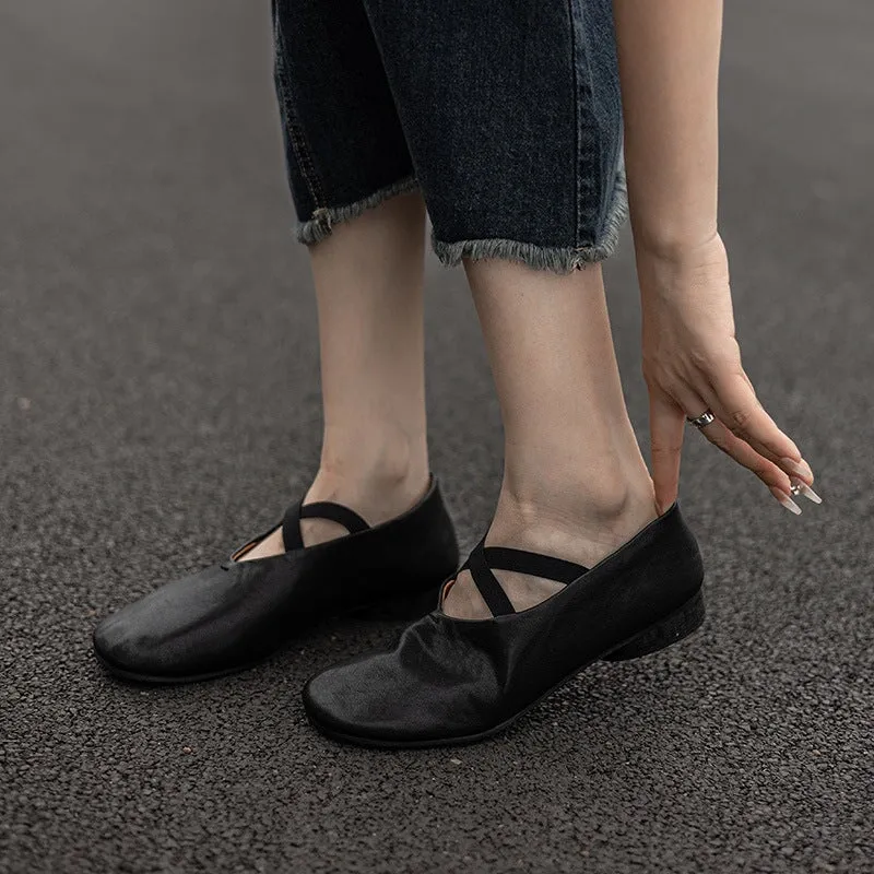 Cowhide Leather Ballet Flats with Cross-Strap Round Toe in Black/Brown/Red