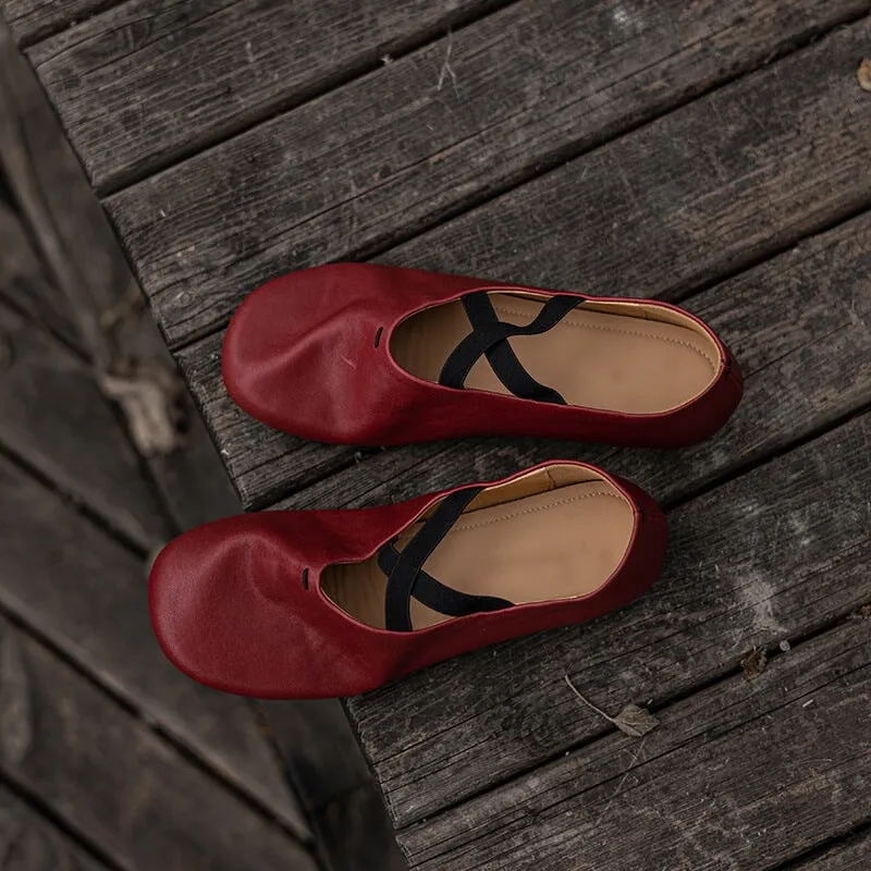 Cowhide Leather Ballet Flats with Cross-Strap Round Toe in Black/Brown/Red