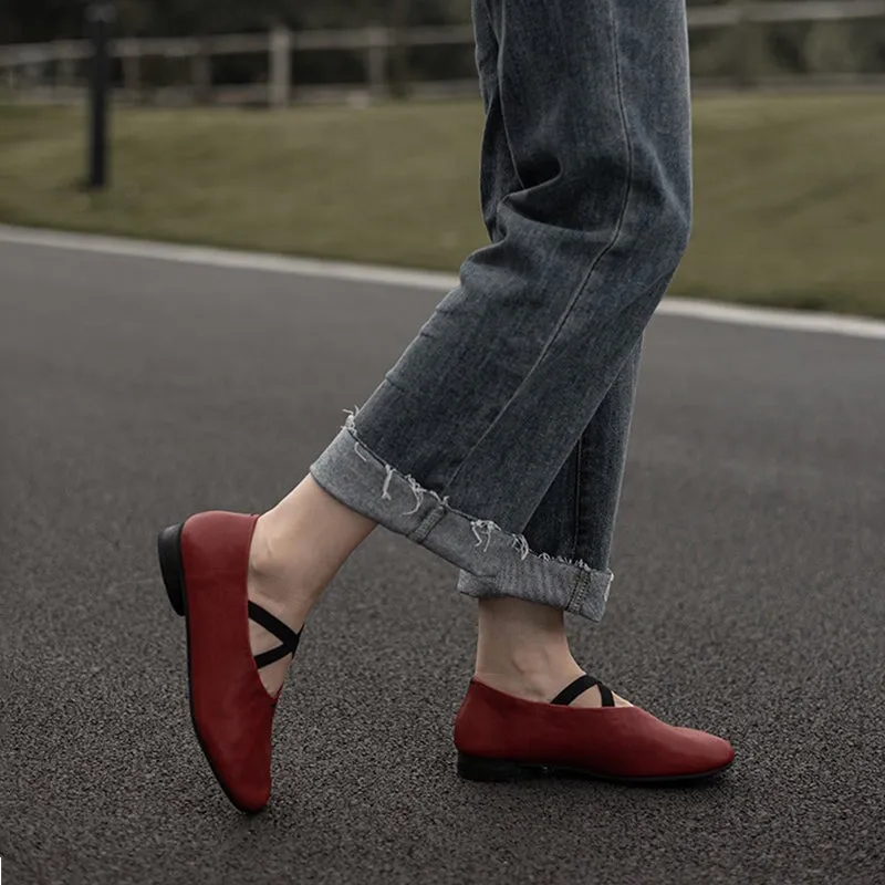 Cowhide Leather Ballet Flats with Cross-Strap Round Toe in Black/Brown/Red