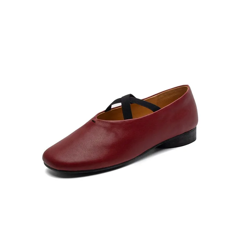 Cowhide Leather Ballet Flats with Cross-Strap Round Toe in Black/Brown/Red