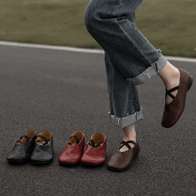 Cowhide Leather Ballet Flats with Cross-Strap Round Toe in Black/Brown/Red