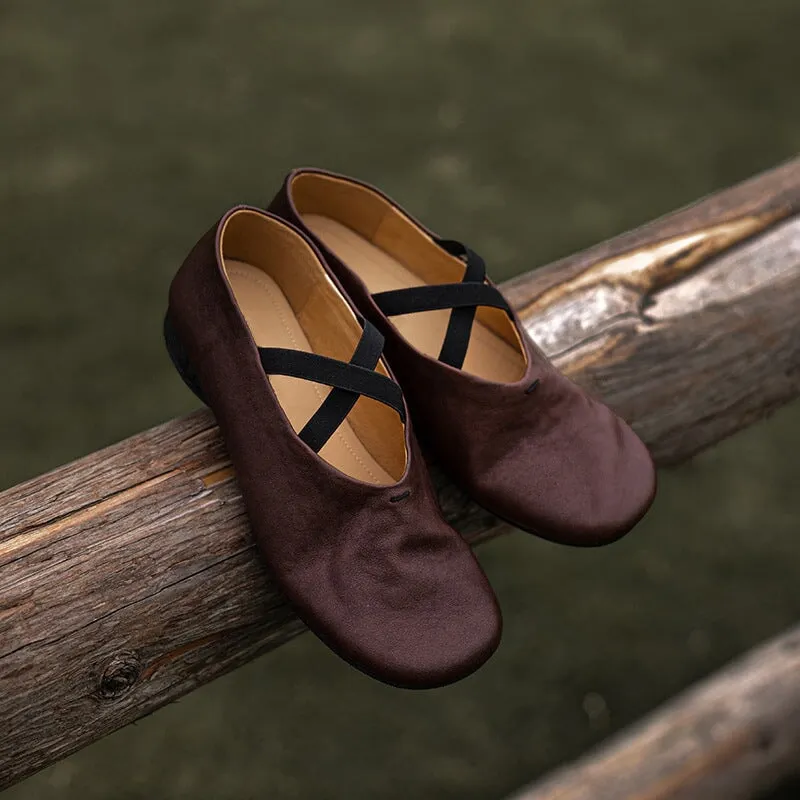 Cowhide Leather Ballet Flats with Cross-Strap Round Toe in Black/Brown/Red