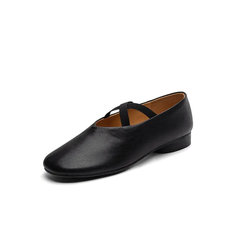 Cowhide Leather Ballet Flats with Cross-Strap Round Toe in Black/Brown/Red