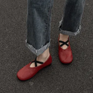 Cowhide Leather Ballet Flats with Cross-Strap Round Toe in Black/Brown/Red