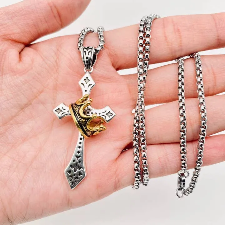 Cross Penetrating Crown Pendant Necklace