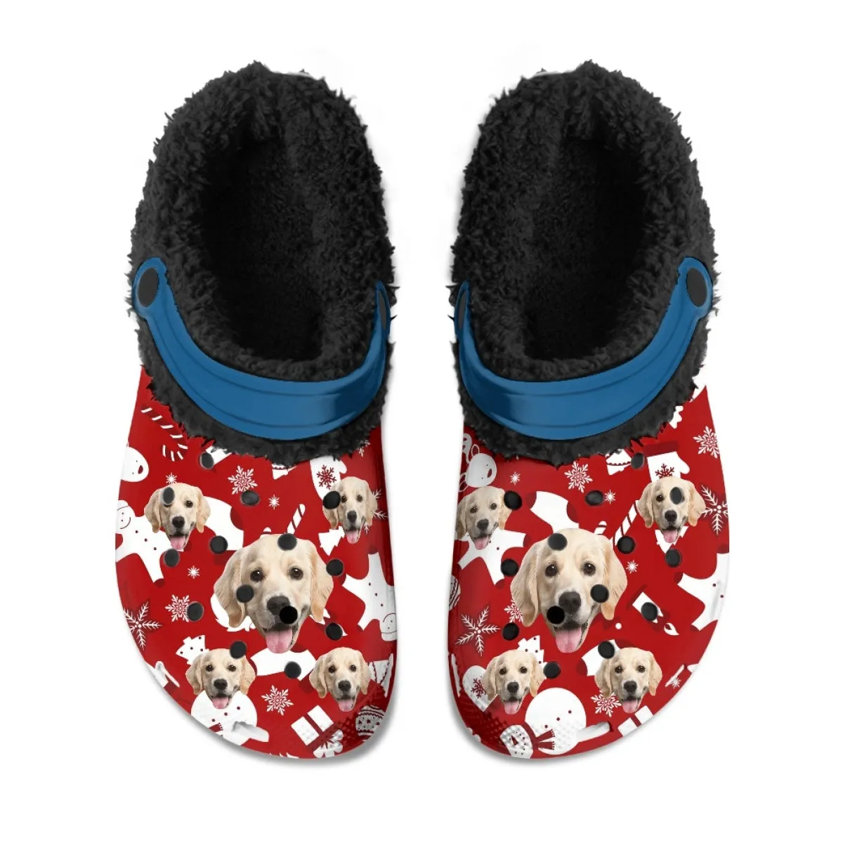 Custom Face Christmas Red Fuzzy Lined Clog Adult Hole Shoes Keep Your Feet Warm