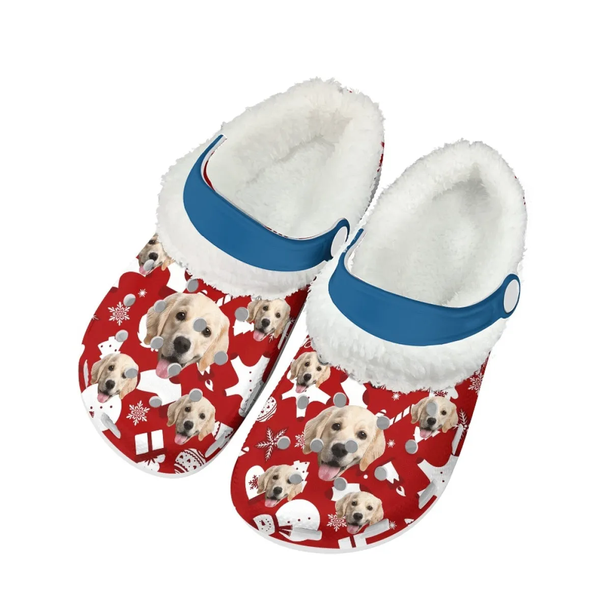 Custom Face Christmas Red Fuzzy Lined Clog Adult Hole Shoes Keep Your Feet Warm