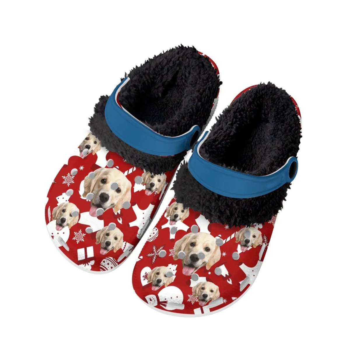 Custom Face Christmas Red Fuzzy Lined Clog Adult Hole Shoes Keep Your Feet Warm