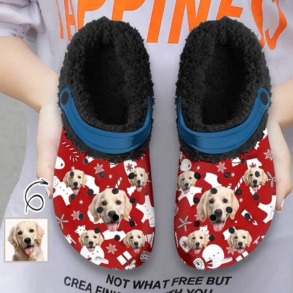 Custom Face Christmas Red Fuzzy Lined Clog Adult Hole Shoes Keep Your Feet Warm