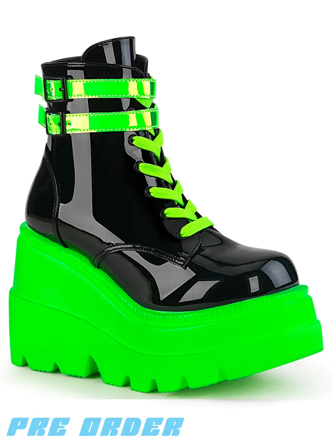 DEMONIA SHAKER-52 - BLACK PATENT UV NEON GREEN ✰ PRE ORDER ✰